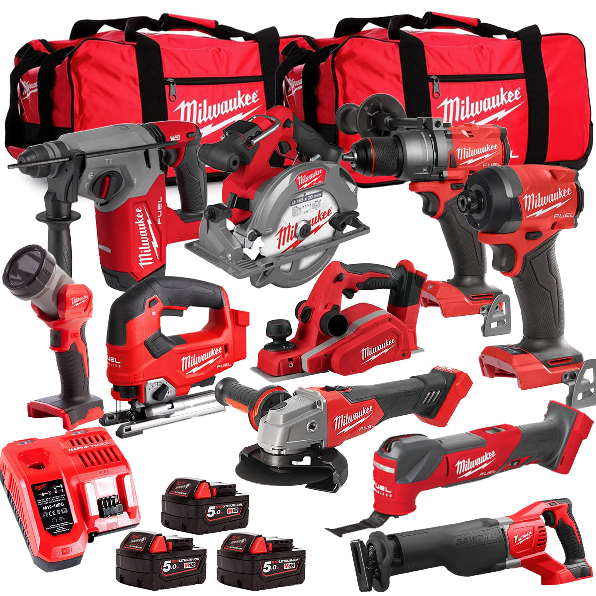 MW M18FPP6L3-503BK24 18V 10 Piece Tool Kit with 3 x 5.0Ah Batteries Charger & Wheeled Bag
