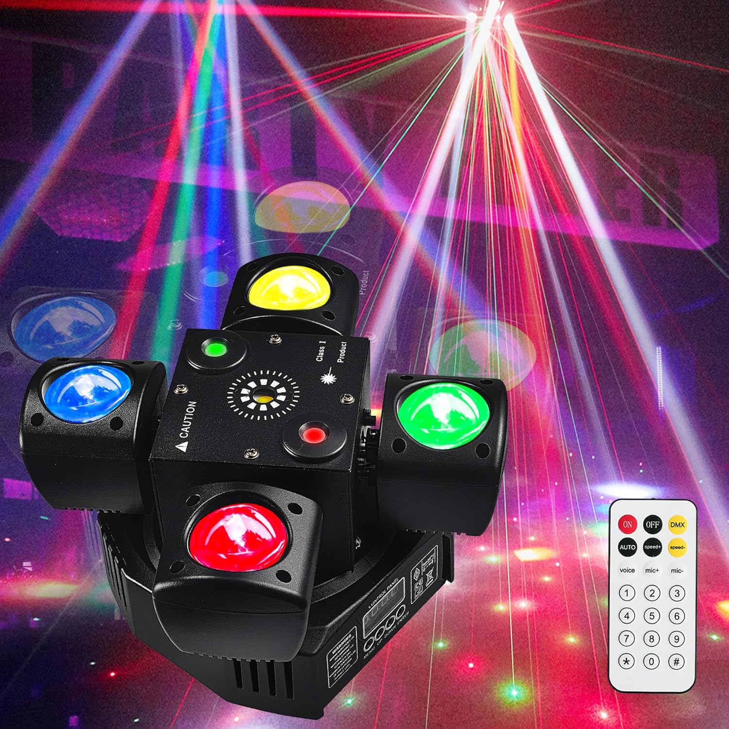 150W RGBW 4-in-1 Moving Head DJ Light with 6 Arms, Remote Control, DMX512, Sound-Activated Rotating Stage Light for Wedding, Club, KTV, Bar, and Party
